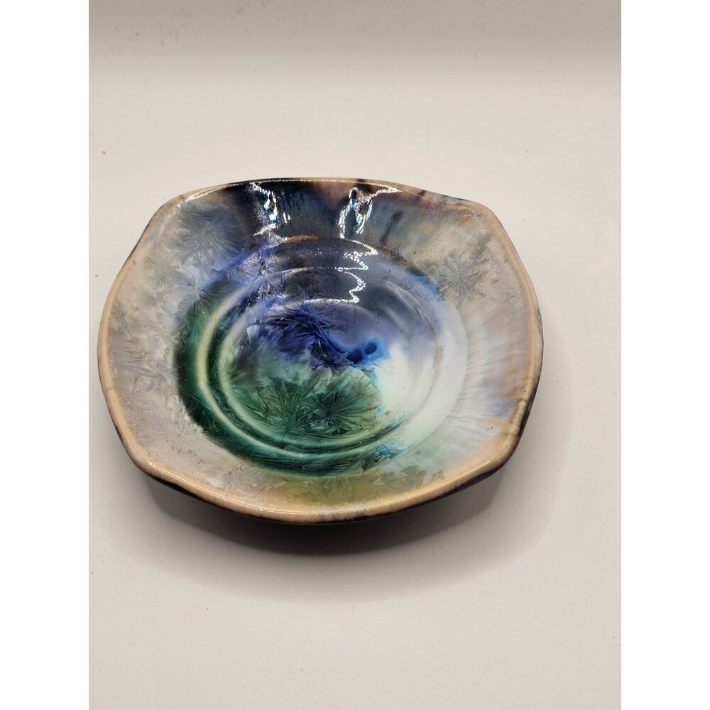 Handcrafted Ceramic Glazed‎ Bowl With Abstract Blue & Green Design - Vintage